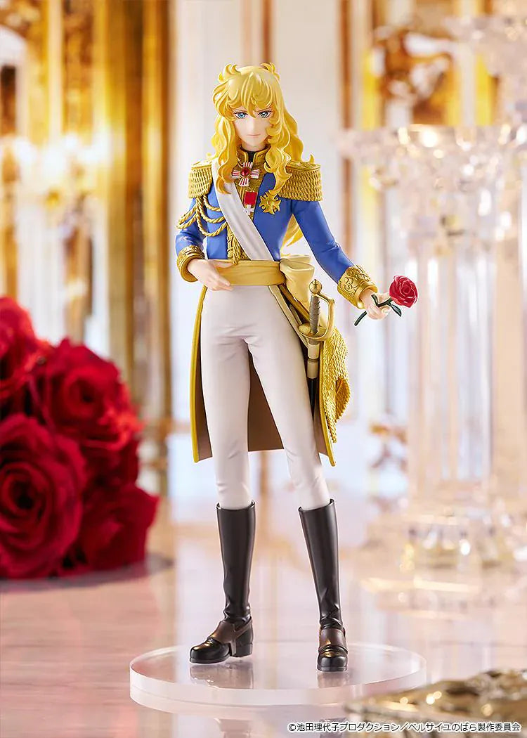 The Rose of Versailles POP UP PARADE Oscar François de Jarjayes figure wearing a blue and gold royal guard uniform while holding a red rose.