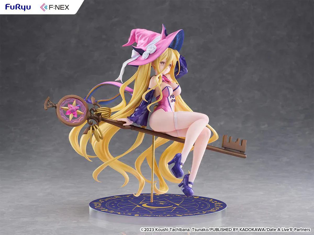 Date A Live V Mukuro Hoshimiya Witch Style Ver. 1/7 Scale Figure featuring Mukuro with long blonde hair, pink witch outfit, large witch hat, key-shaped staff, and magical display base.