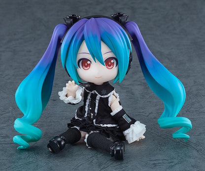 Hatsune Miku Nendoroid Doll Hatsune Miku Infinity Ver. with teal twin-tails, black-and-white frilled outfit, red eyes, and display stand