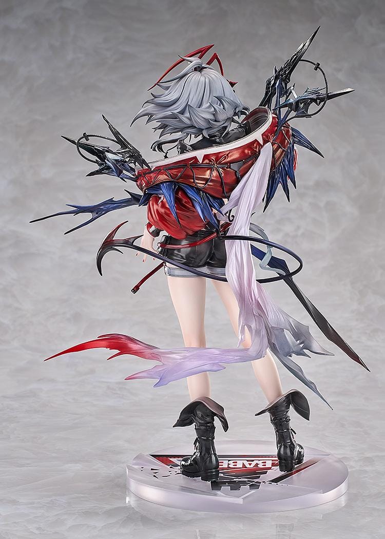 Arknights Wiš'adel 1/7 scale figure with silver-gray hair, red horns, a red-and-black outfit, angular weapon details, and a circular base.