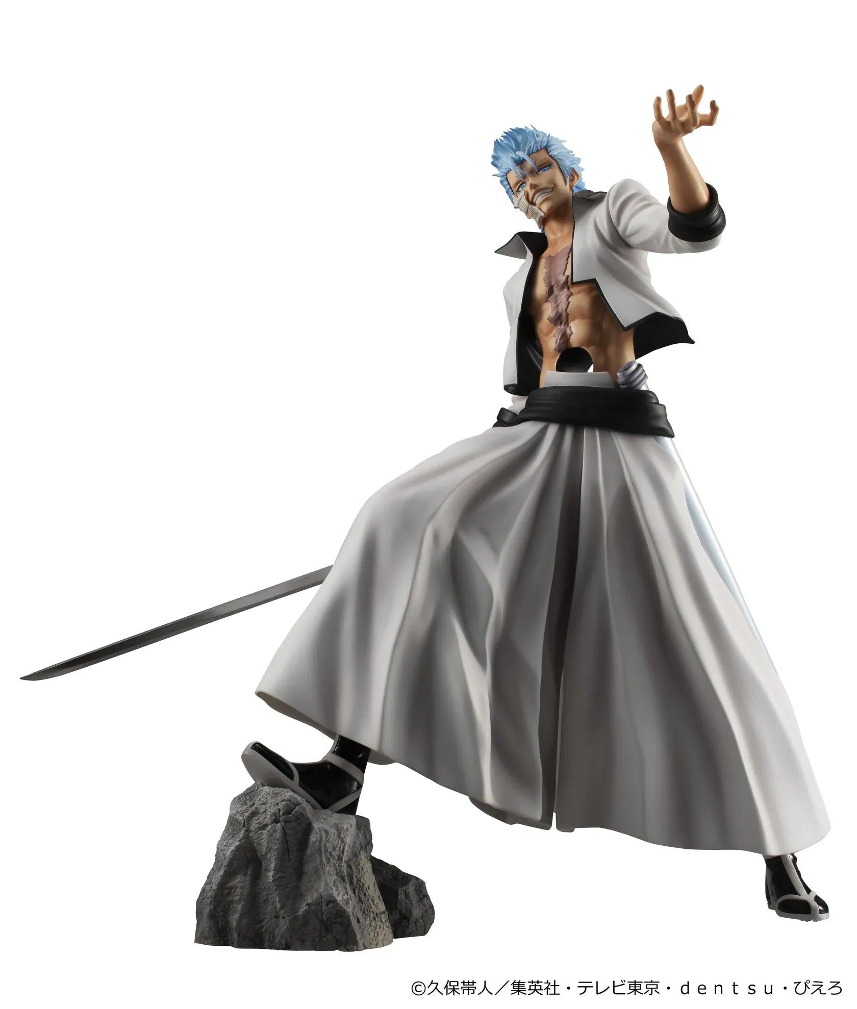 Bleach G.E.M. Series Grimmjow Jaegerjaquez Rerelease figure with blue hair, white Arrancar outfit, sword, and rocky display base