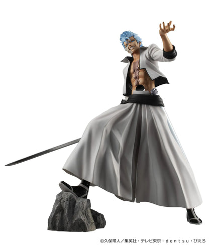 Bleach G.E.M. Series Grimmjow Jaegerjaquez Rerelease figure with blue hair, white Arrancar outfit, sword, and rocky display base