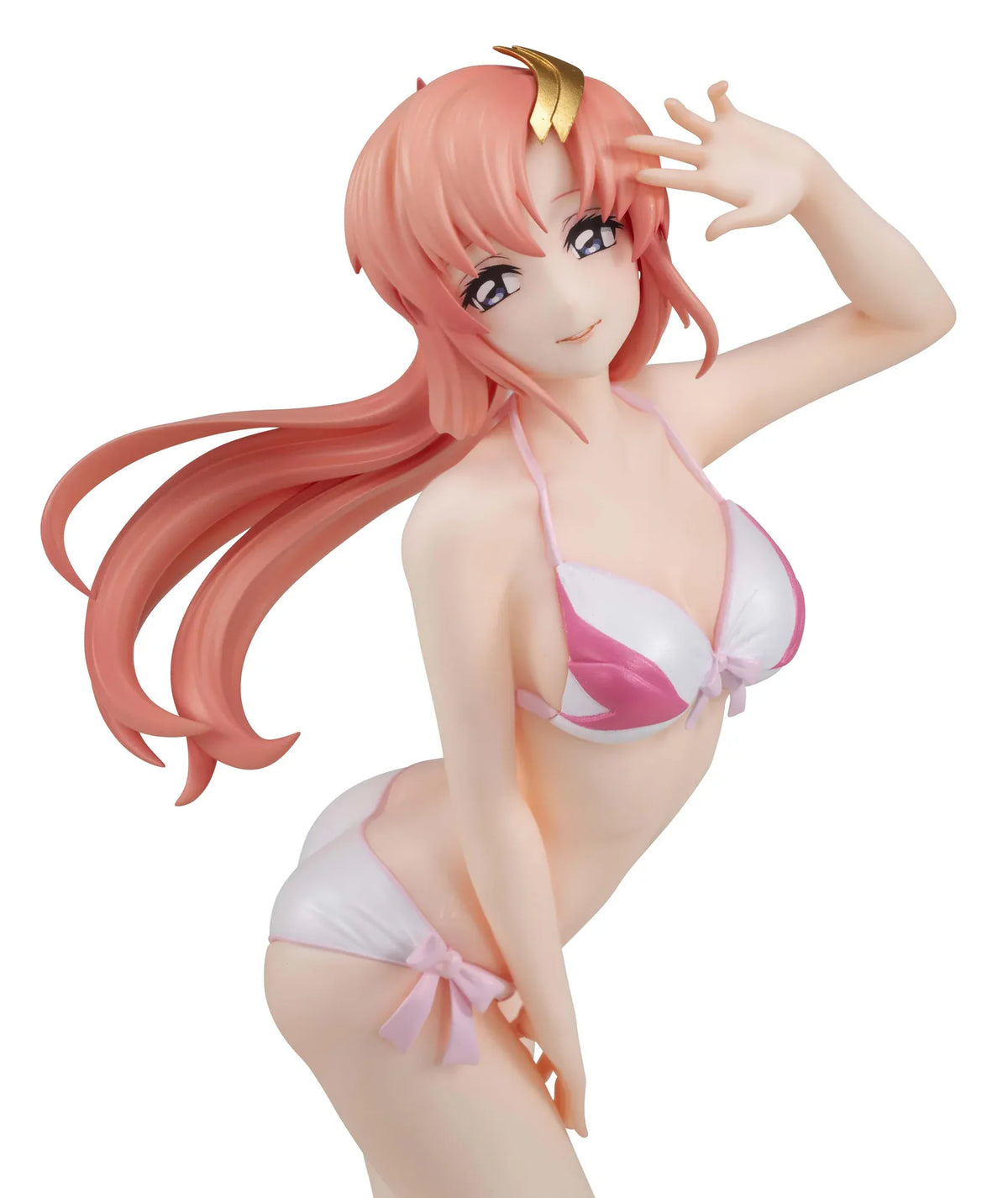 Lucrea Light Lacus Clyne Swimsuit Ver. figure with a flowing pink ponytail, gold hair ornament, and pink and white swimsuit, posed with one hand raised.