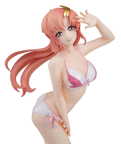 Lucrea Light Lacus Clyne Swimsuit Ver. figure with a flowing pink ponytail, gold hair ornament, and pink and white swimsuit, posed with one hand raised.