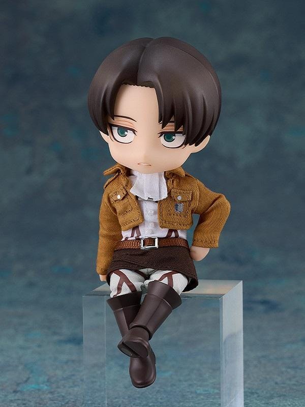 Attack on Titan Nendoroid Doll Levi (Rerelease) featuring a black-haired anime character with gray-blue eyes wearing a brown Survey Corps jacket, white shirt, harness straps, dark green cloak, and tall brown boots.