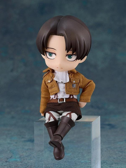 Attack on Titan Nendoroid Doll Levi (Rerelease) featuring a black-haired anime character with gray-blue eyes wearing a brown Survey Corps jacket, white shirt, harness straps, dark green cloak, and tall brown boots.