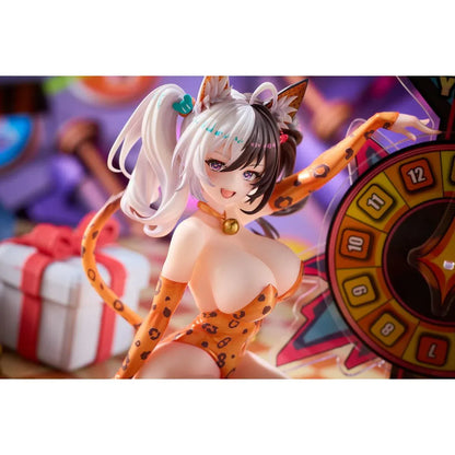Astral Party Nancy Lu Special Edition 1/6 Scale Figure featuring a black and white-haired anime girl with purple eyes wearing an orange leopard-print bodysuit, animal ears, and a spotted tail, posed beside a colorful roulette wheel with matching illustrated bonuses.