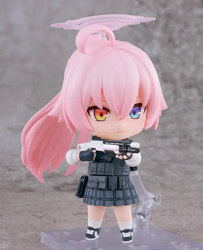 Blue Archive Nendoroid Hoshino Takanashi Armed Figure featuring Hoshino with pink hair, halo detail, tactical gear, weapon accessory, and large shield.