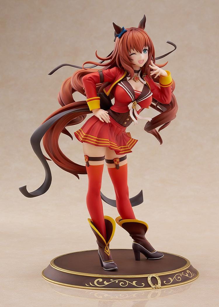 1/7 scale Uma Musume: Pretty Derby Maruzensky Signature Racewear Ver. figure, winking and posing in a red race uniform with long flowing brown hair and decorative horseshoe base.