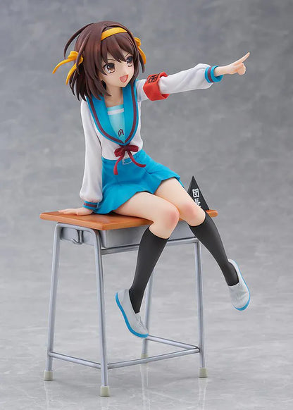 Haruhi Suzumiya 20th Anniversary 1/7 scale figure sitting on desk in school uniform