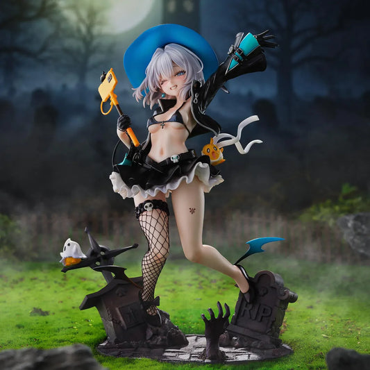 Azur Lane Jade 1/6 scale figure with silver hair, a blue witch hat, and a black ruffled outfit posed above a detailed graveyard base.