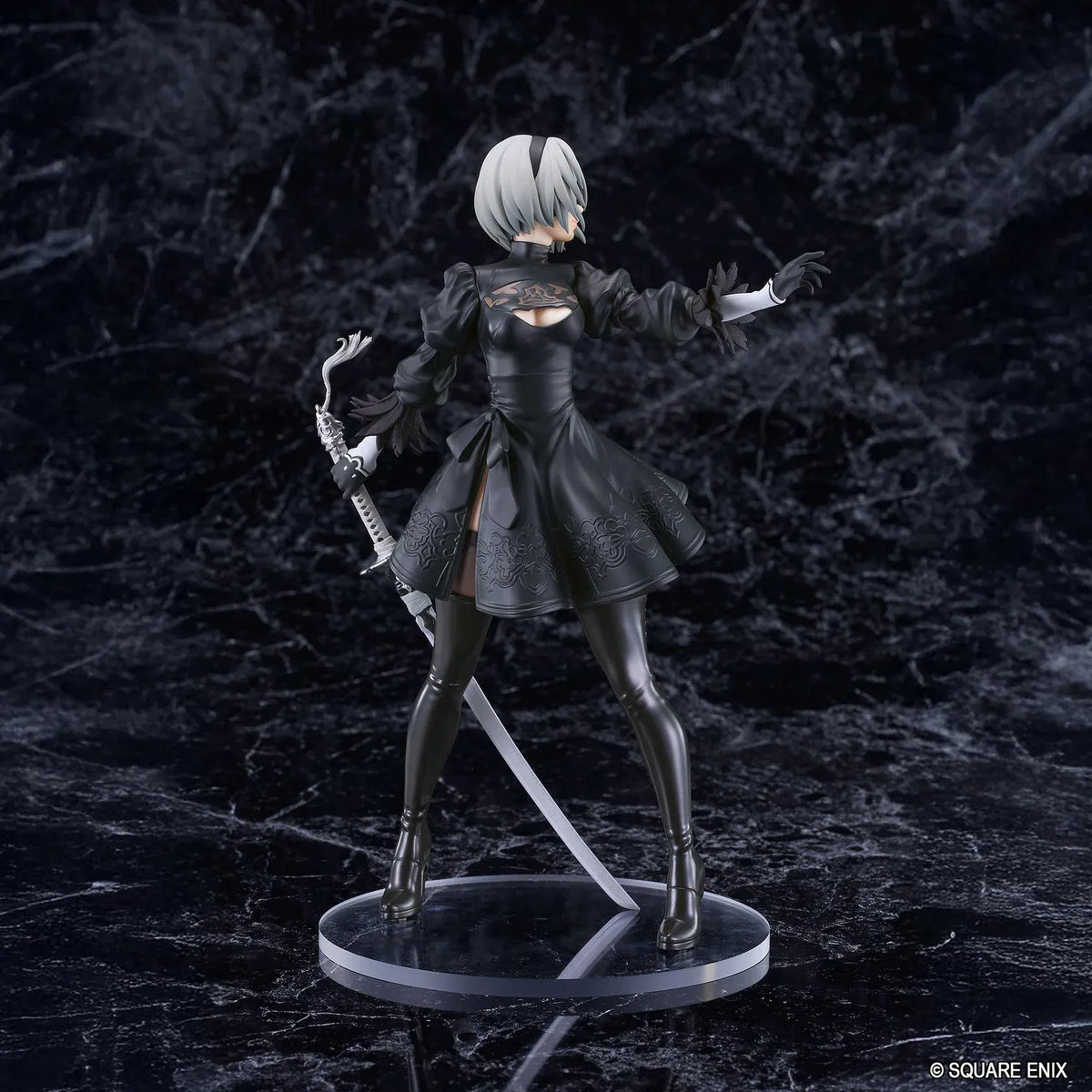 NieR POP UP PARADE 2B YoRHa No.2 Type B L Size Figure featuring a silver-white-haired android wearing a black gothic combat dress, thigh-high boots, and black gloves while holding a large sword on a circular display base.