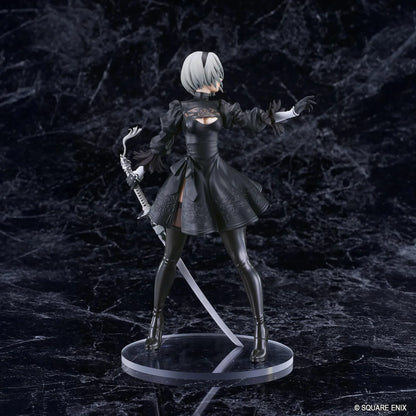 NieR POP UP PARADE 2B YoRHa No.2 Type B L Size Figure featuring a silver-white-haired android wearing a black gothic combat dress, thigh-high boots, and black gloves while holding a large sword on a circular display base.