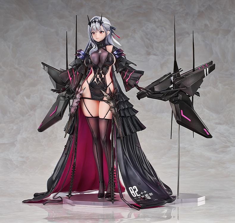 1/7 scale figure of Modernia from Goddess of Victory: Nikke in her Second Affection outfit, wearing a black coat with crimson lining and large mechanical wing units extending from her sides.