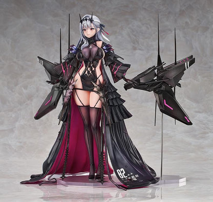 1/7 scale figure of Modernia from Goddess of Victory: Nikke in her Second Affection outfit, wearing a black coat with crimson lining and large mechanical wing units extending from her sides.