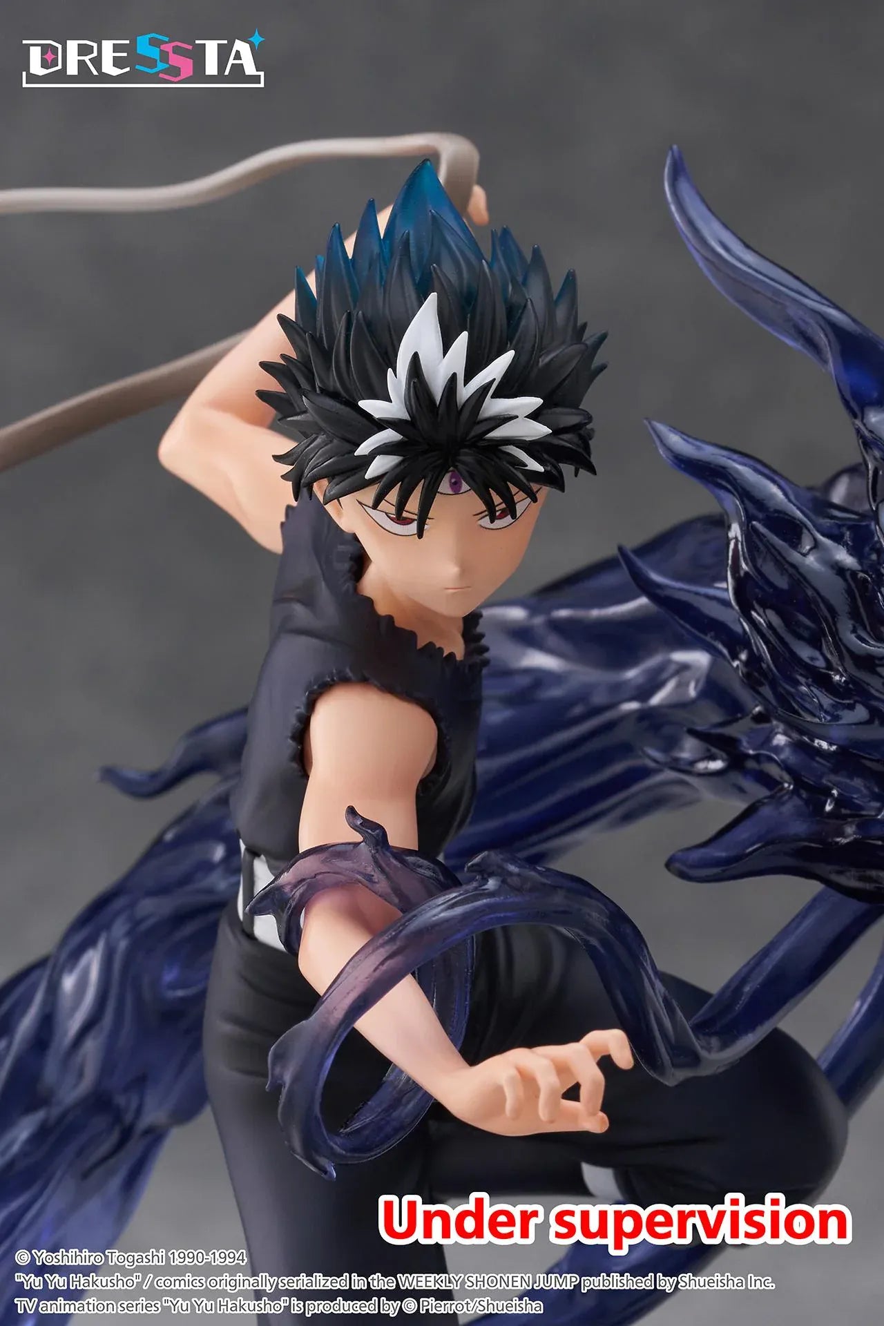 Yu Yu Hakusho Dressta Hiei Figure with black outfit, spiked hair, battle pose, and dark dragon energy effect