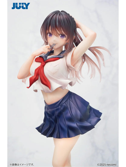 Summer Girl 1/6 Scale Figure featuring a brown-haired anime girl with purple eyes, a white sailor-style top, red necktie, navy-blue pleated skirt, and blue school bag.