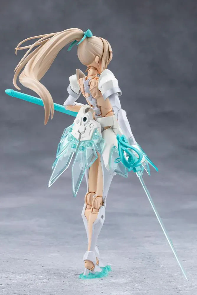 Megalomaria Unlimited Universe Emulator model kit wearing white armor with translucent teal parts and wielding teal weapons.