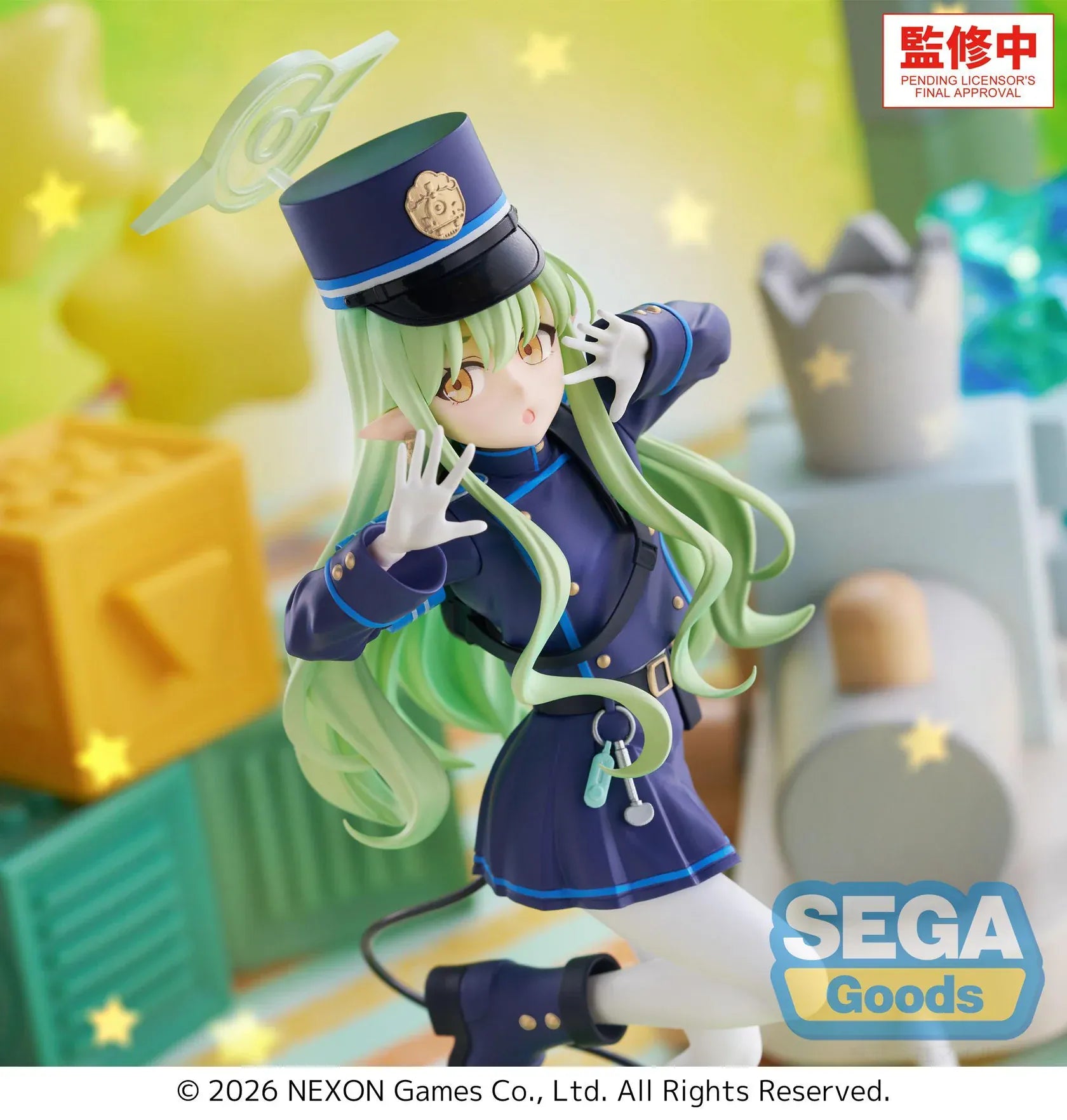 Blue Archive XStellar Hikari Figure with green hair, uniform-inspired outfit, matching hat, and green crystal-style display base