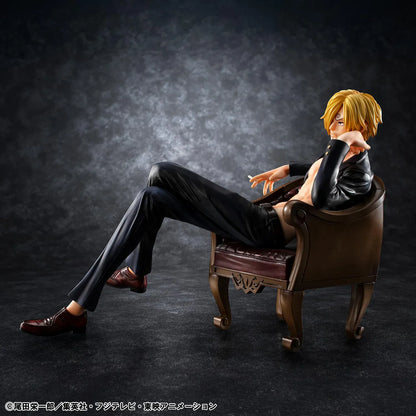 One Piece Portrait of Pirates S.O.C. Sanji Ver.R Figure seated in a chair with black suit, blonde hair, cigarette accessory, and relaxed pose