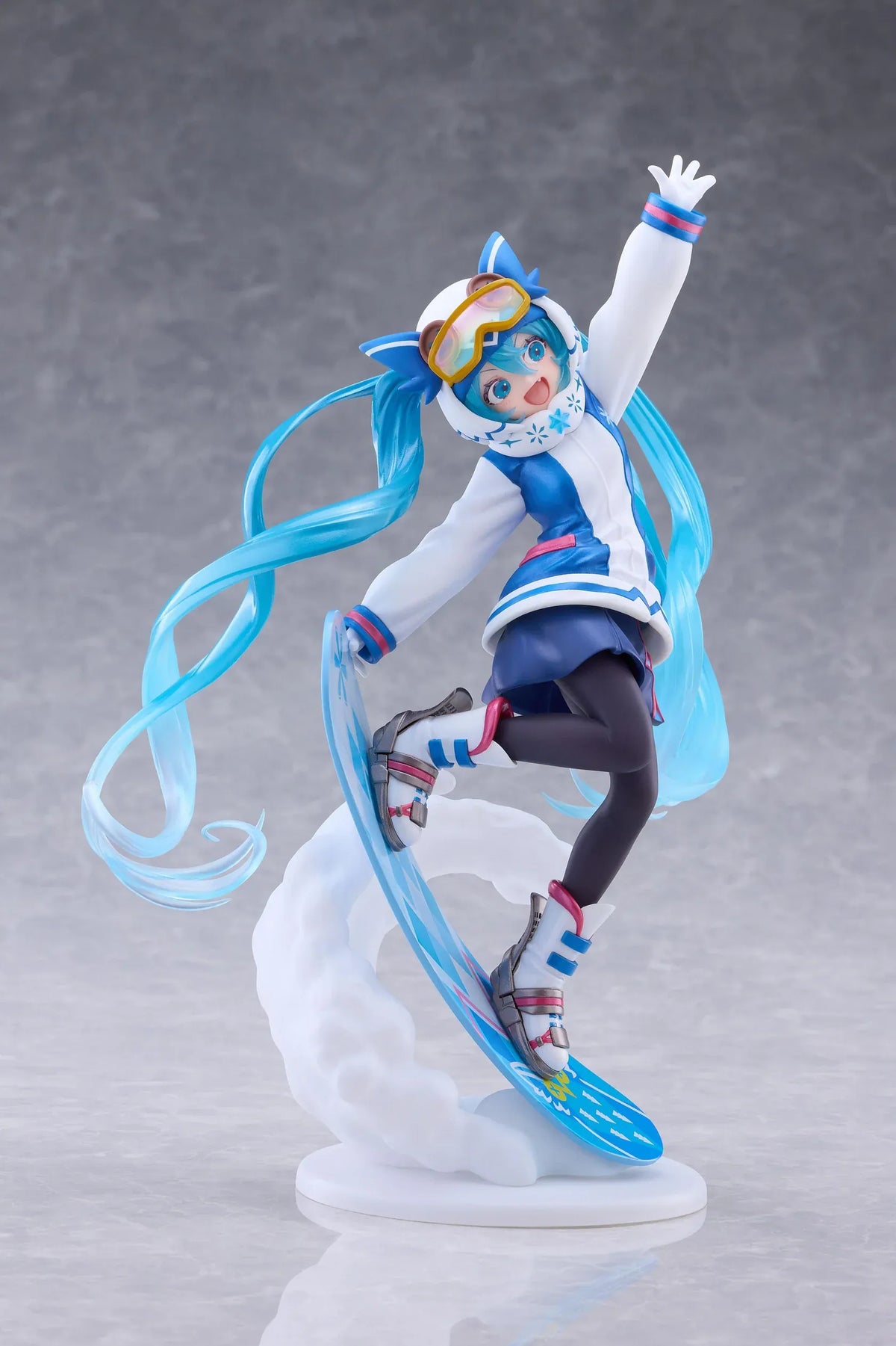 Snow Miku AMP+ All Stars 2016 Ver. figure posing on a blue patterned snowboard with goggles, flowing turquoise twin tails, and a snow effect base.