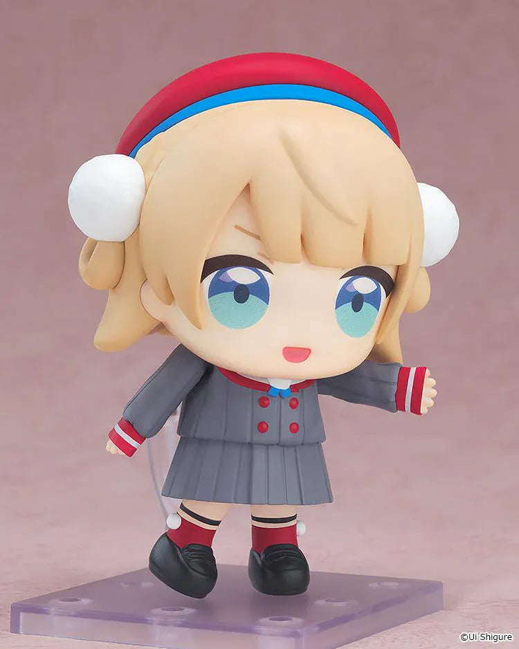 Shigure Ui Nendoroid Uidaga Figure with blonde hair, blue eyes, red headband, fluffy earmuffs, and gray school outfit