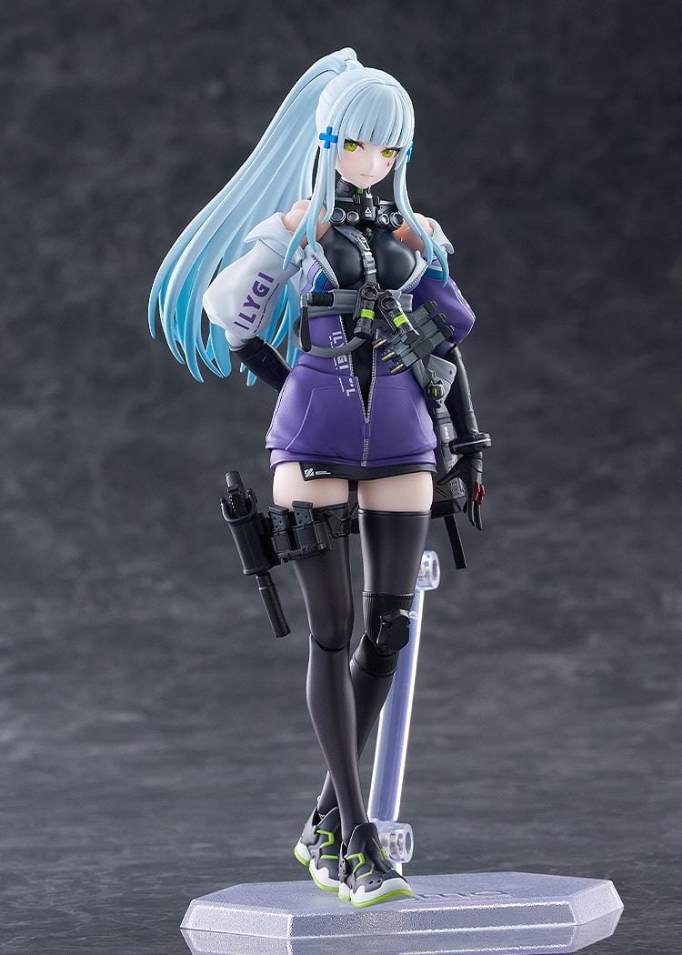 Girls' Frontline 2 Exilium figma Klukai Figure featuring Klukai with light blue hair, tactical outfit, purple jacket, weapon accessory, and futuristic gear details.