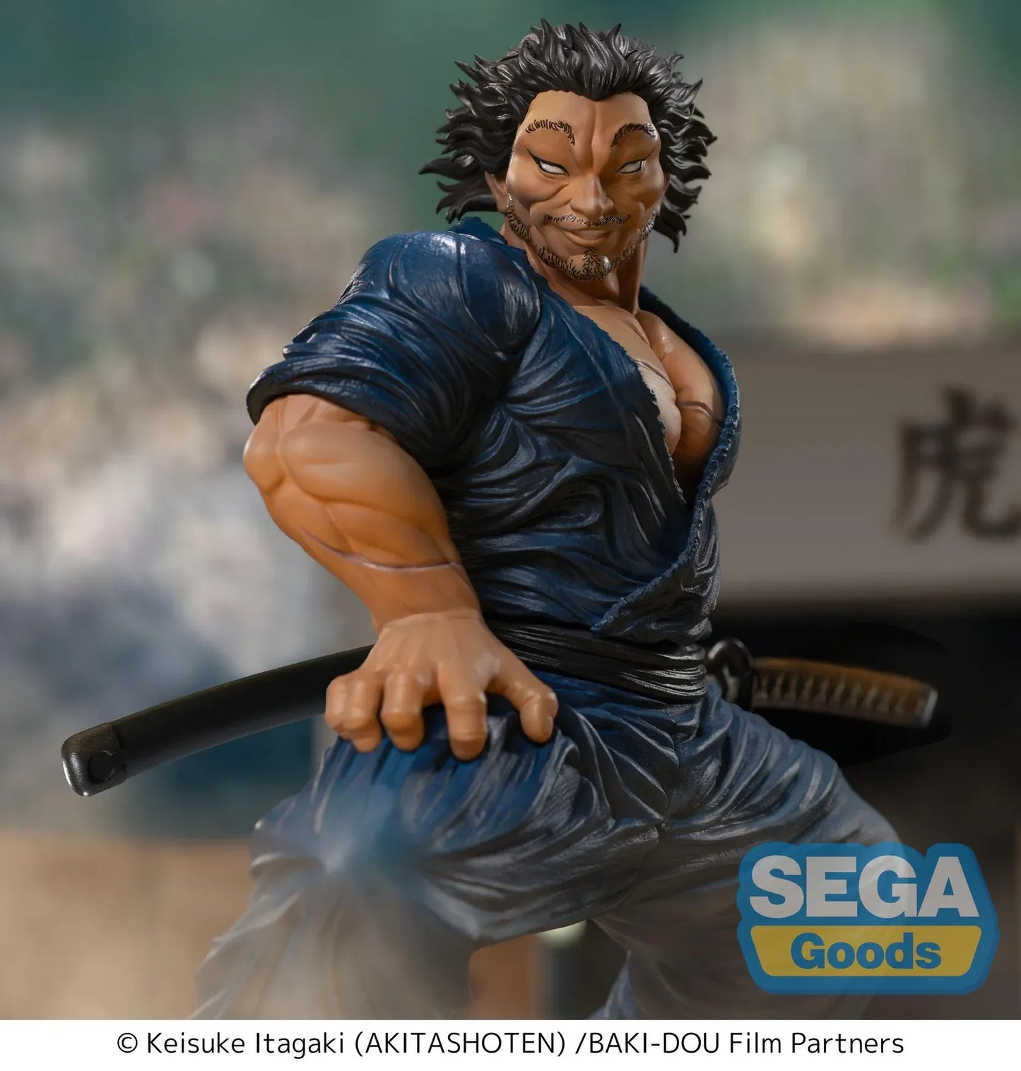 Baki Hanma Luminasta Musashi Miyamoto Figure in dark blue outfit with sword accessories and battle-ready pose