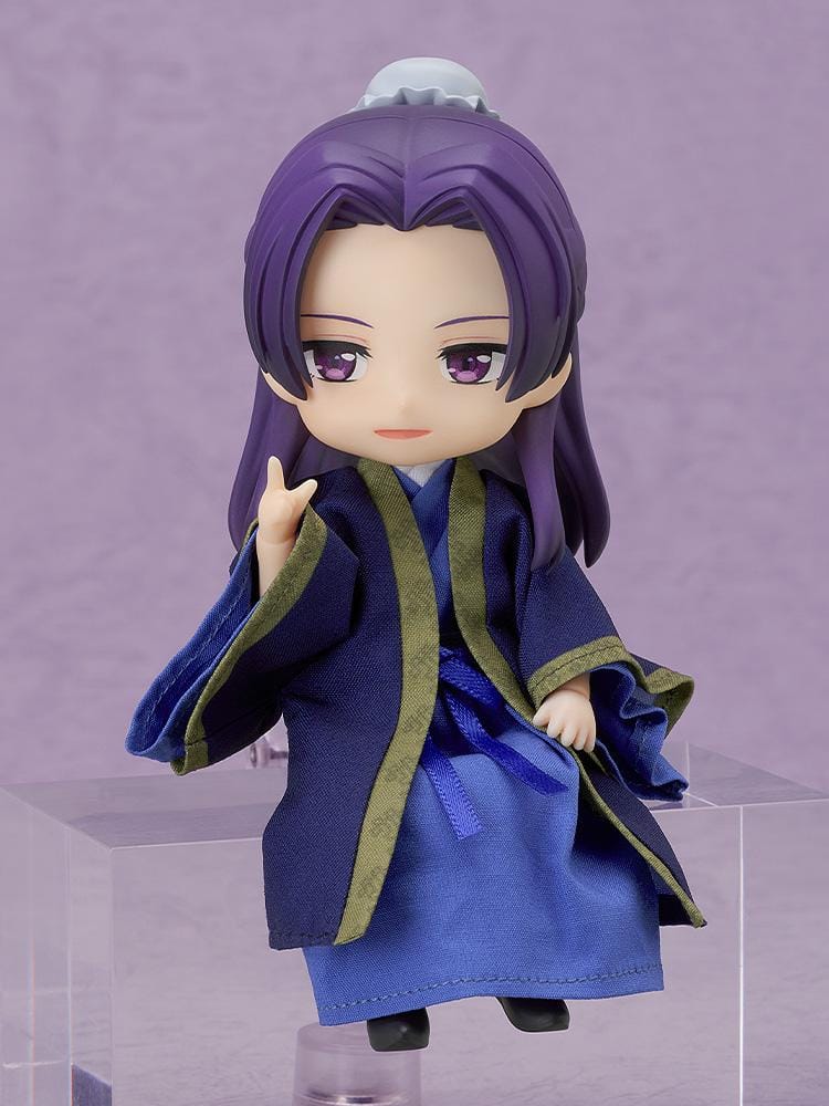 The Apothecary Diaries Nendoroid Doll Jinshi wearing traditional blue and purple fabric robes