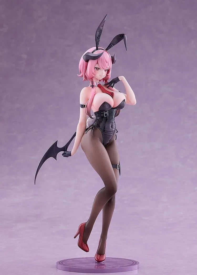 Stella Sora Bernina Bunny Ver. 1/7 Scale Figure featuring a pink-haired anime girl with reddish-pink eyes wearing a black corset-style bunny outfit, tall bunny ears, sheer tights, red heels, and bat-like wings on a purple display base.