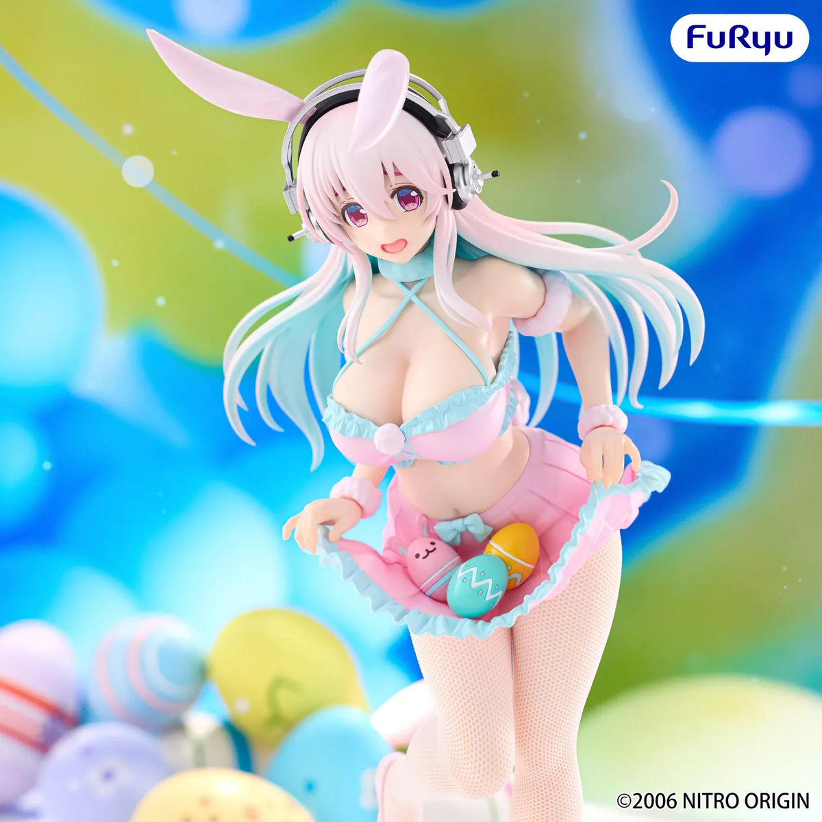 Super Sonico Pastel Easter Ver. BiCute Bunnies figure with pink bunny ears, silver headphones, an aqua-trimmed pink outfit, and colorful eggs.