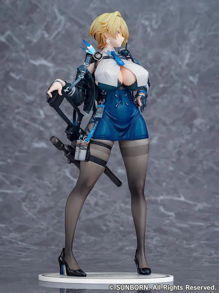 Girls' Frontline 2 Exilium Nikketa 1/6 Scale Figure with blonde hair, blue tactical outfit, weapon accessory styling, stockings, and display base