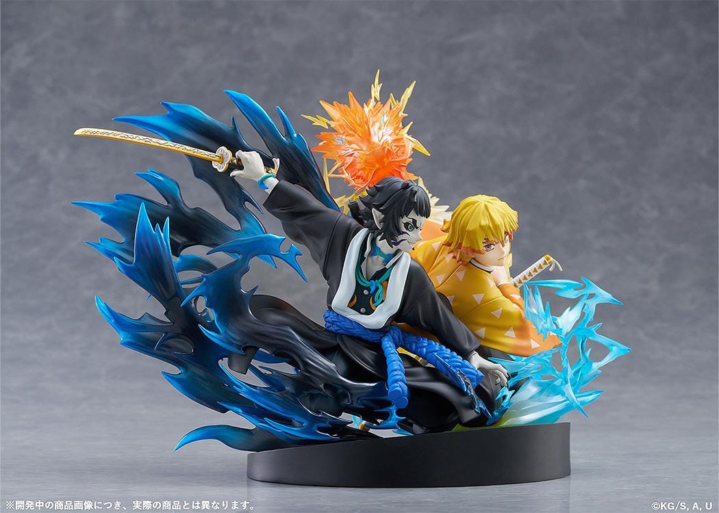 Zenitsu Agatsuma and Kaigaku Demon Slayer figure with lightning effects in dynamic battle pose