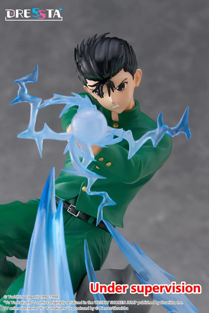 Yu Yu Hakusho Dressta Yusuke Urameshi Figure in green school uniform with blue spirit energy effect and rocky display base