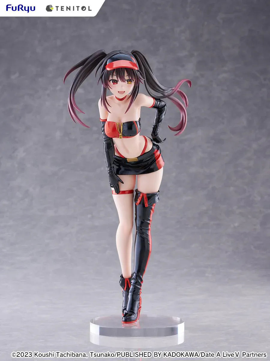Date A Live V Tenitol Tall Kurumi Tokisaki Race Queen Ver. Figure featuring Kurumi with twin-tail hair, black-and-red race queen outfit, visor, gloves, and thigh-high boot styling.