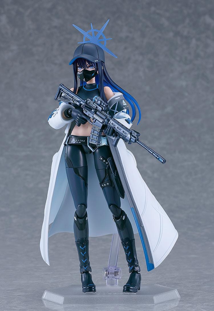 Blue Archive figma Saori Joumae figure featuring Saori in a tactical black outfit, white coat, cap, face mask, and weapon accessory