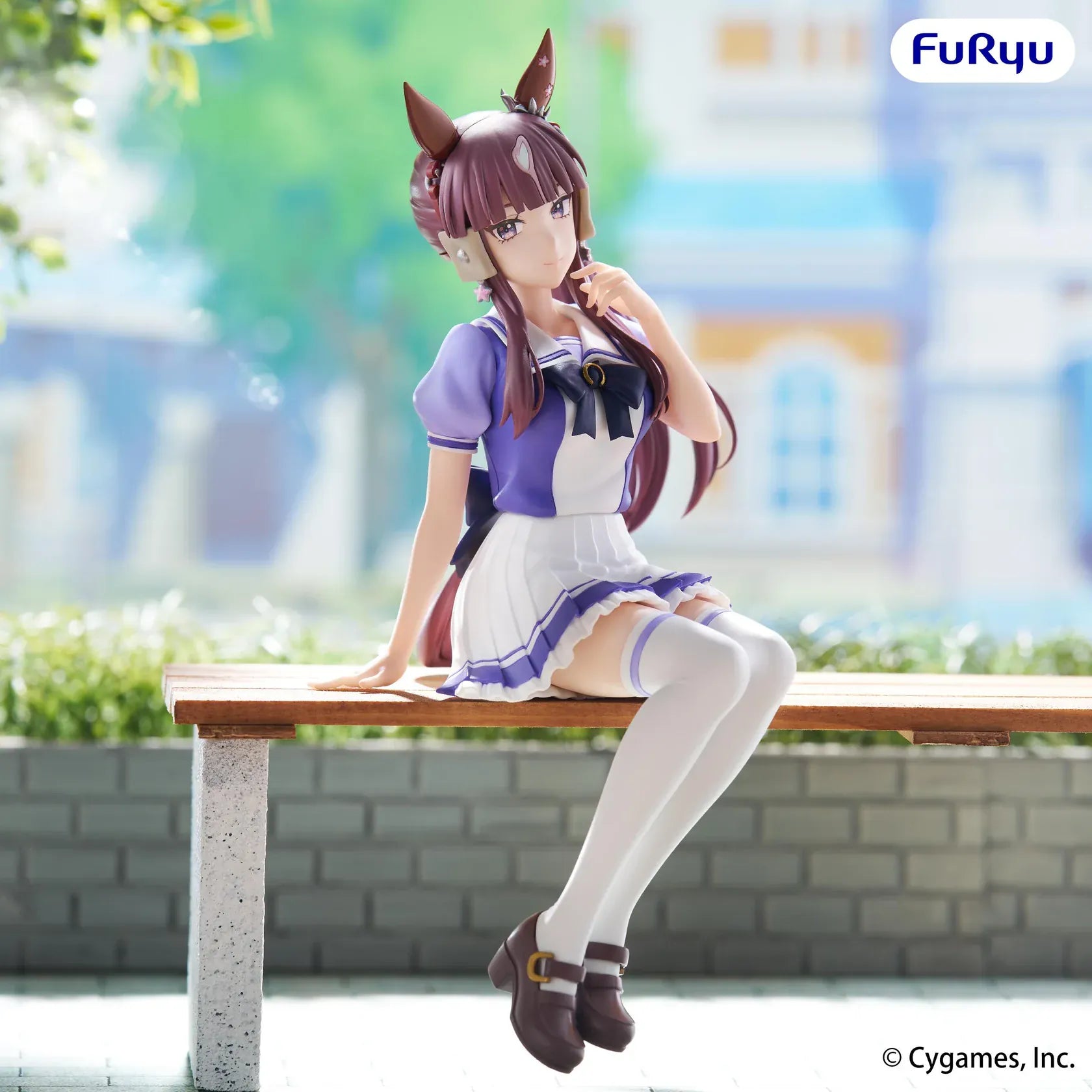 Uma Musume Pretty Derby Lucky Lilac Noodle Stopper Figure in a seated pose wearing her school uniform