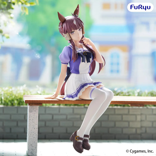 Uma Musume Pretty Derby Lucky Lilac Noodle Stopper Figure in a seated pose wearing her school uniform