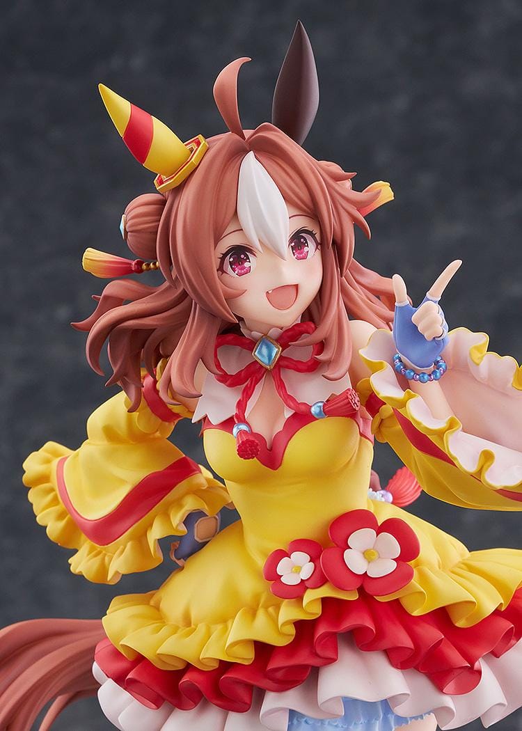Umamusume Pretty Derby Copano Rickey Signature Racewear Ver. 1/7 Scale Figure featuring Copano Rickey in a yellow and red racewear outfit with horse ears, tail, and themed display base.