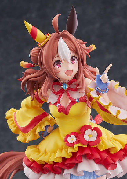 Umamusume Pretty Derby Copano Rickey Signature Racewear Ver. 1/7 Scale Figure featuring Copano Rickey in a yellow and red racewear outfit with horse ears, tail, and themed display base.