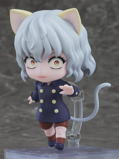 Hunter x Hunter Nendoroid No.2913 Neferpitou chibi figure with cat ears, curly hair, navy coat, and tail