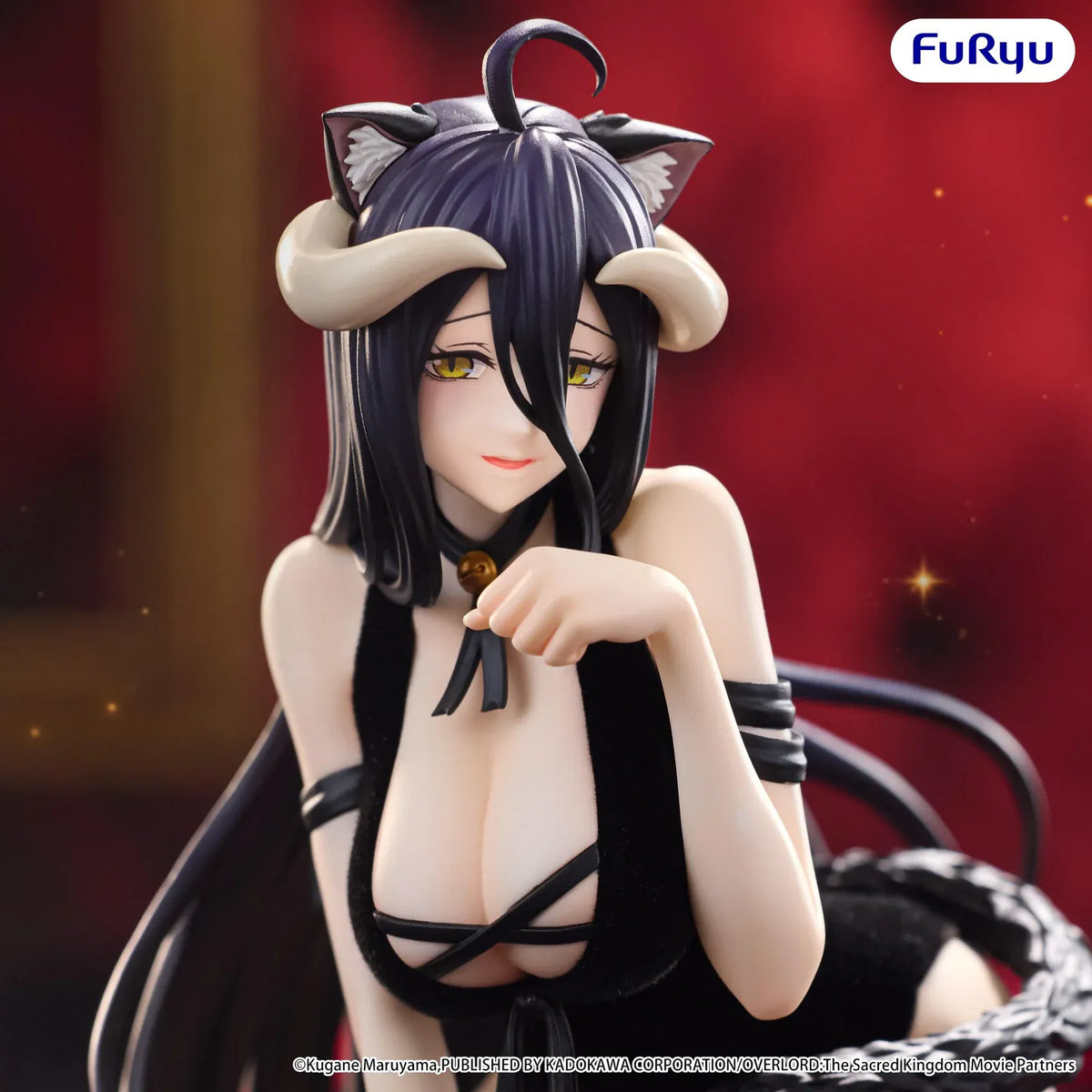 Overlord Melffy Albedo figure wearing a black cat-inspired outfit with horns, wings, cat ears, and red heels in a seated pose.