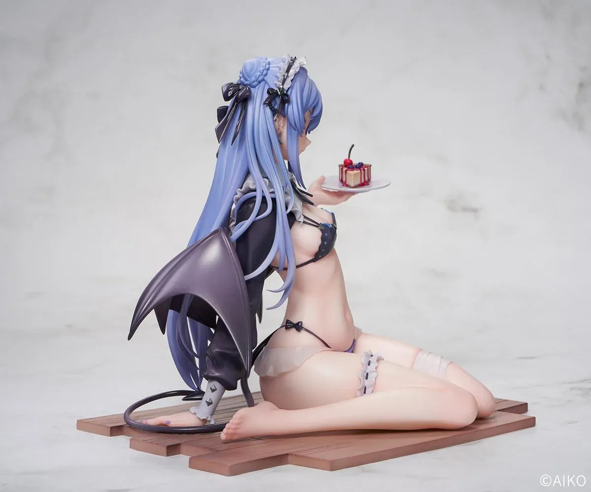 NIYA Maid Ver. figure illustrated by AIKO, with blue hair, a frilled headband, dark wings, and a dessert plate, seated on a wood-patterned base.