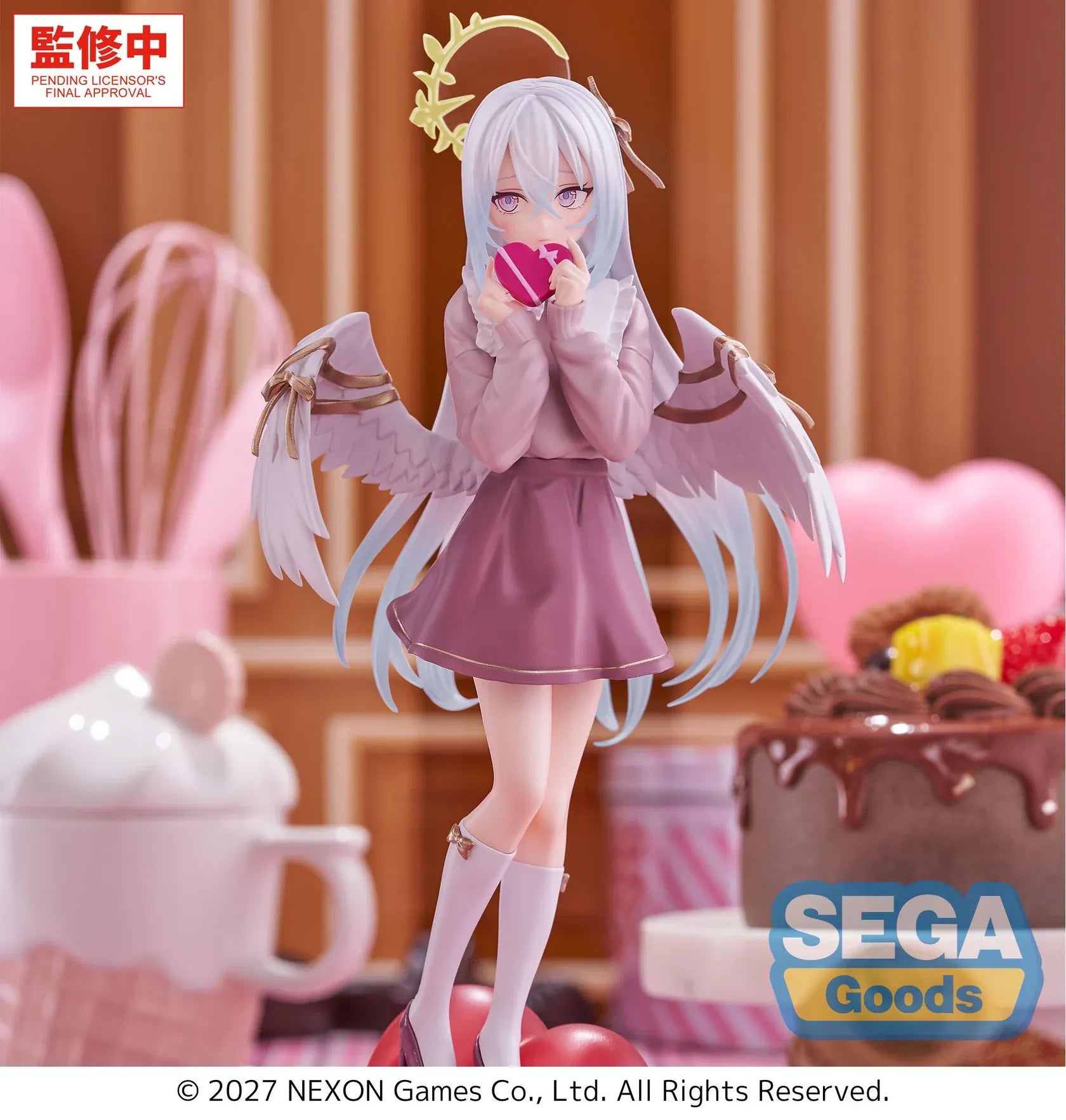 Blue Archive XStellar Azusa Happy Valentine Figure with white hair, angel wings, heart-shaped gift, and red heart display base