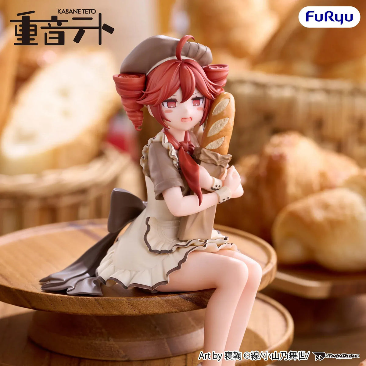 Kasane Teto Baguette Ver. Noodle Stopper figure seated in a brown beret and ruffled cream outfit, hugging a baguette in a paper bag.