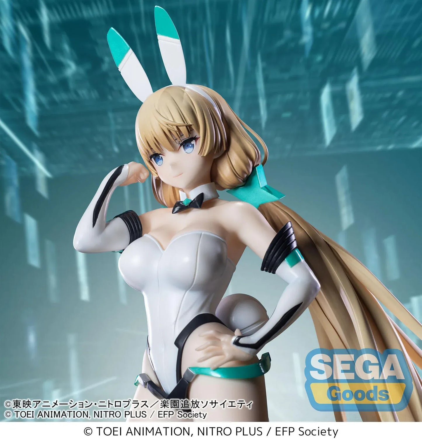Expelled from Paradise Angela Balzac Cyber Bunny Figure by SEGA Goods featuring Angela in a white futuristic bunny suit with teal accents.