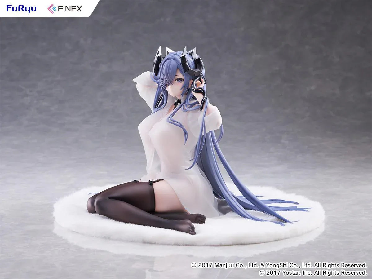 Azur Lane August von Parseval The Unhulde's Midday Respite 1/6 Scale Figure seated in white shirt with long blue hair and dark thigh-high stockings