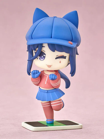 MiSide Mini Memory Cappie Figure featuring Cappie in a chibi-style design with a blue cat-ear cap, red top, blue skirt, gloves, and display base.