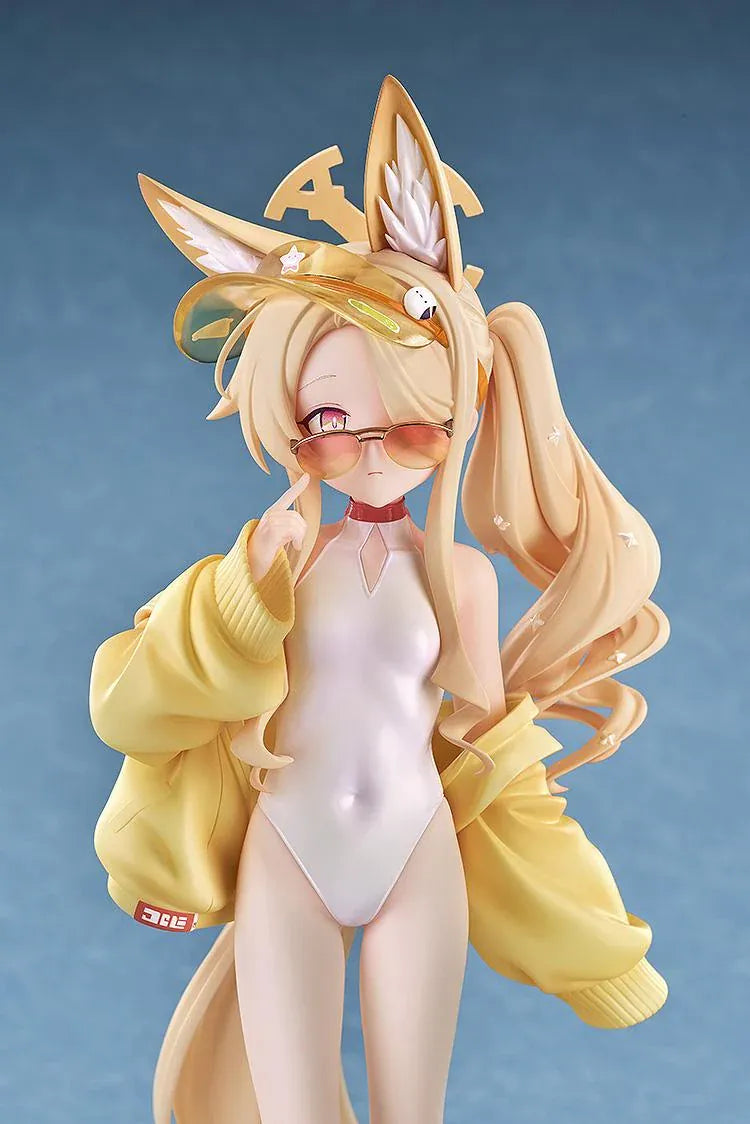Blue Archive Seia Swimsuit 1/7 scale figure wearing a white swimsuit, yellow jacket, tinted sunglasses, and gold sandals.