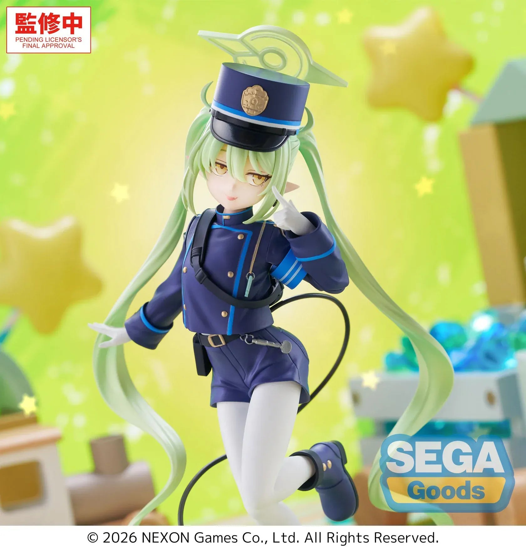 Blue Archive XStellar Nozomi Figure with green hair, uniform outfit, hat, and green crystal-style display base